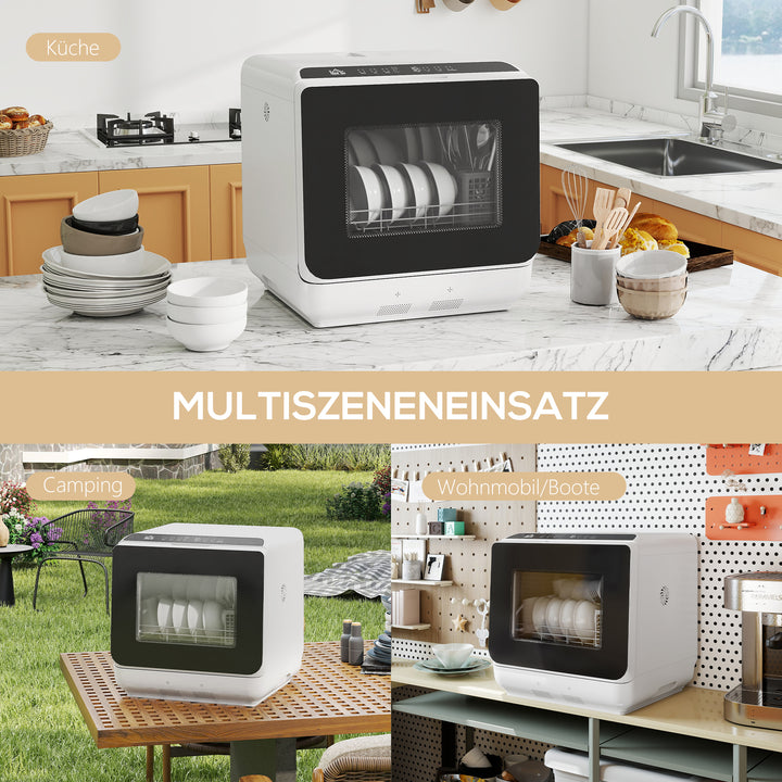 Mini opvaskemaskine med 6-liters tank, 5 programmer, led-display, tørrefunktion, hvid