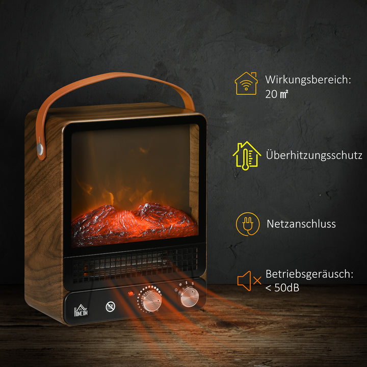 Elektrisk pejs, realistisk ild, 2 opvarmningstilstande op til 50°c, overophedningsbeskyttelse, valnøddefinish, 30,3 x 17,5 x 37,4 cm