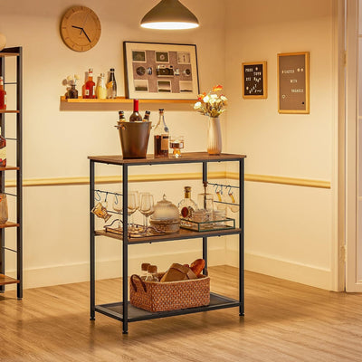 Køkkenreol, metalramme, 3 hylder, 6 kroge, multifunktionel bord, 80 x 40 x 90 cm, industrielt design, vintage, brun/sort