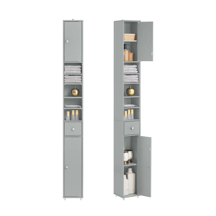 Højt og slankt badeværelsesskab, pladsbesparende, skandi-look, B20 x D20 x H180 cm, grå