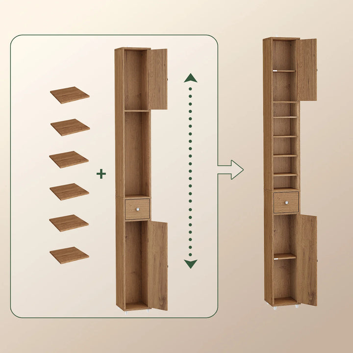 Stilfuldt badeværelsesskab i naturligt trælook (20 x 20 x 180 cm)
