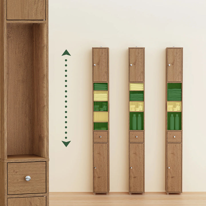 Stilfuldt badeværelsesskab i naturligt trælook (20 x 20 x 180 cm)