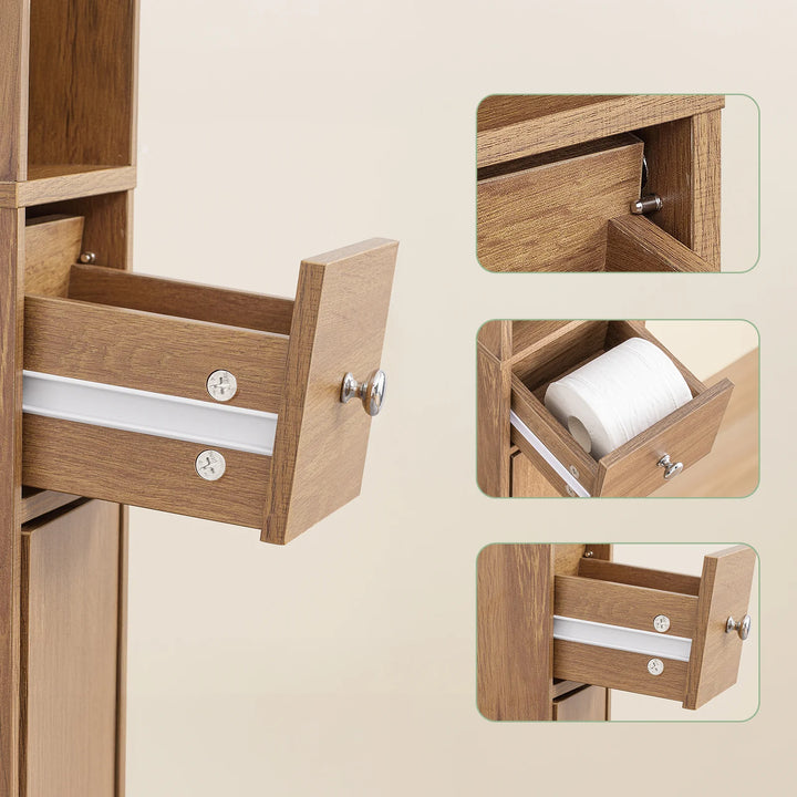 Stilfuldt badeværelsesskab i naturligt trælook (20 x 20 x 180 cm)