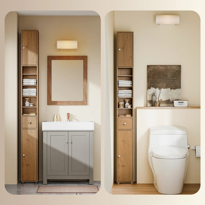 Stilfuldt badeværelsesskab i naturligt trælook (20 x 20 x 180 cm)