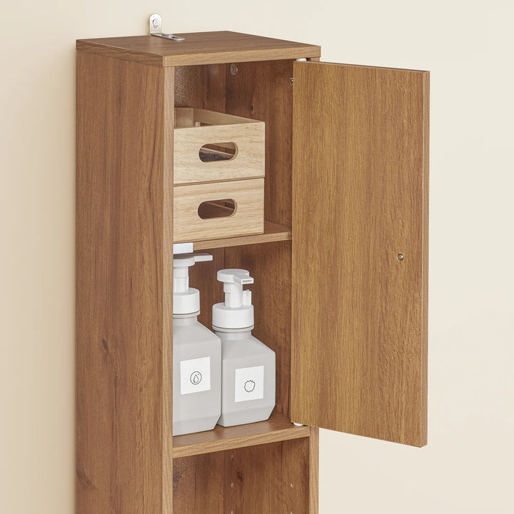 Stilfuldt badeværelsesskab i naturligt trælook (20 x 20 x 180 cm)