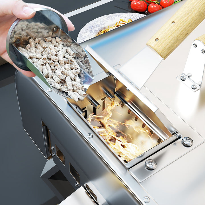 Udendørs pizzaovn, bærbar pizzaovn med pizzasten og skovl, foldbare ben, skorsten, rustfrit stål