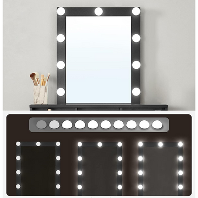 Sminkebord med LED lys, spejl, 2 skuffer og 3 rum, 40x80x145 cm, sort