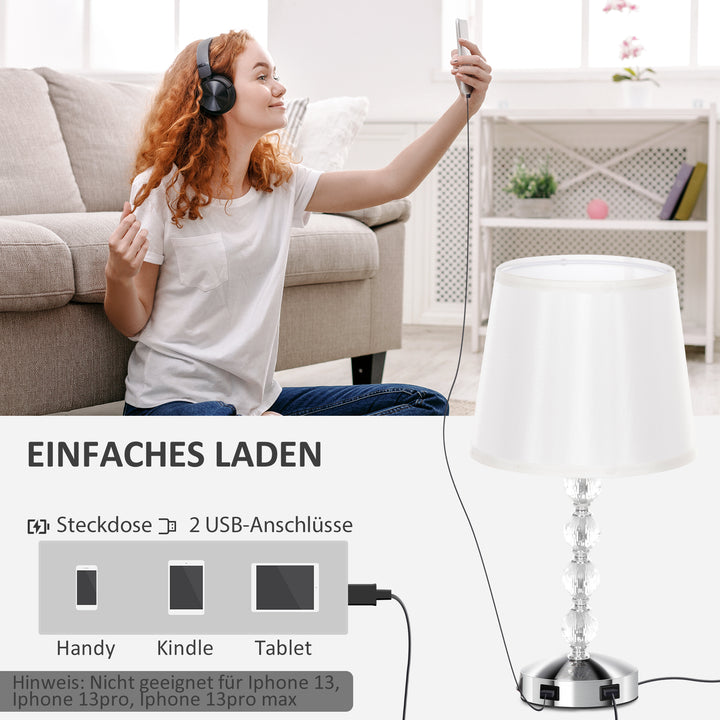 Krystal bordlampe, touch afbryder, usb opladningsport, ø23x45 cm, sølv
