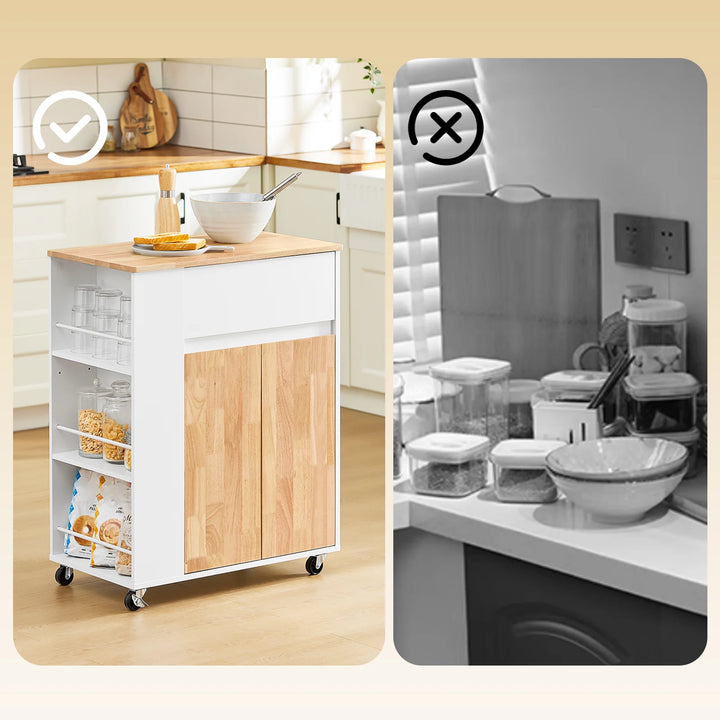 Køkkenvogn på hjul med arbejdsflade i gummitræ – robust og stabil køkkenmøbel, hvid, mål 70 x 40 x 90 cm, lastkapacitet 68 kg.