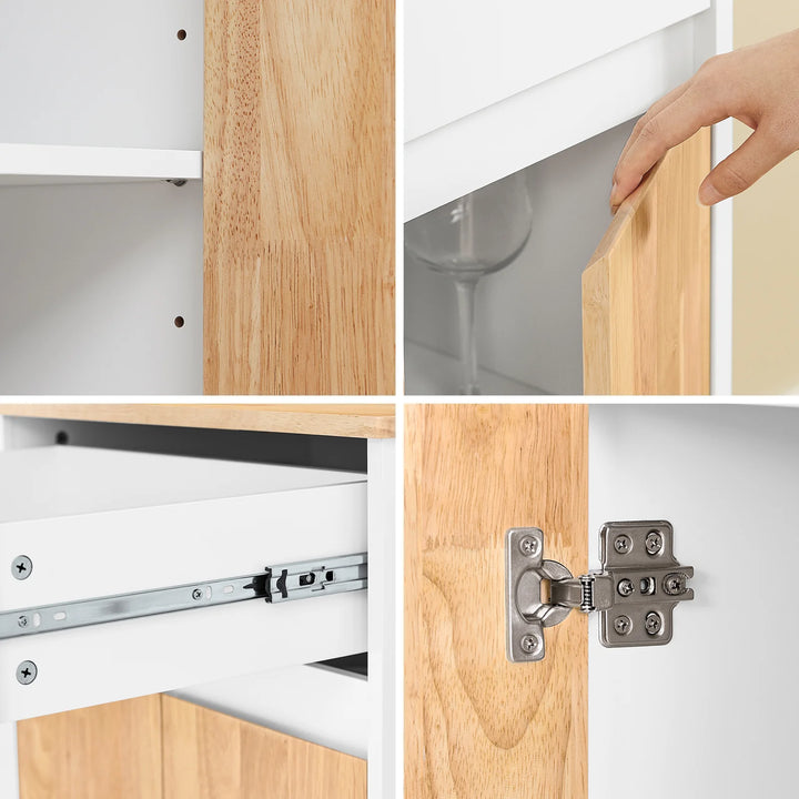 Køkkenvogn på hjul med arbejdsflade i gummitræ – robust og stabil køkkenmøbel, hvid, mål 70 x 40 x 90 cm, lastkapacitet 68 kg.