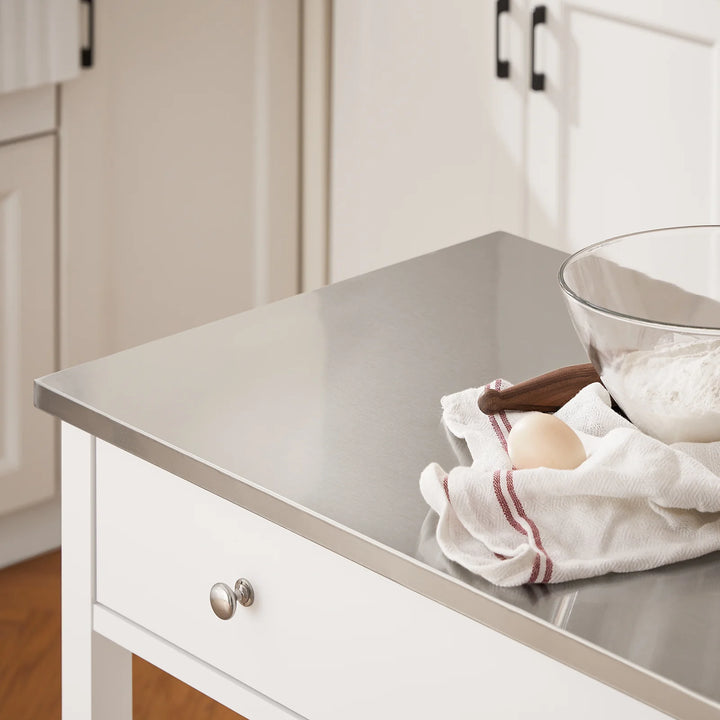 Pladsbesparende køkkenrullebord i hvid med stålbordplade, 81 x 45 x 90 cm