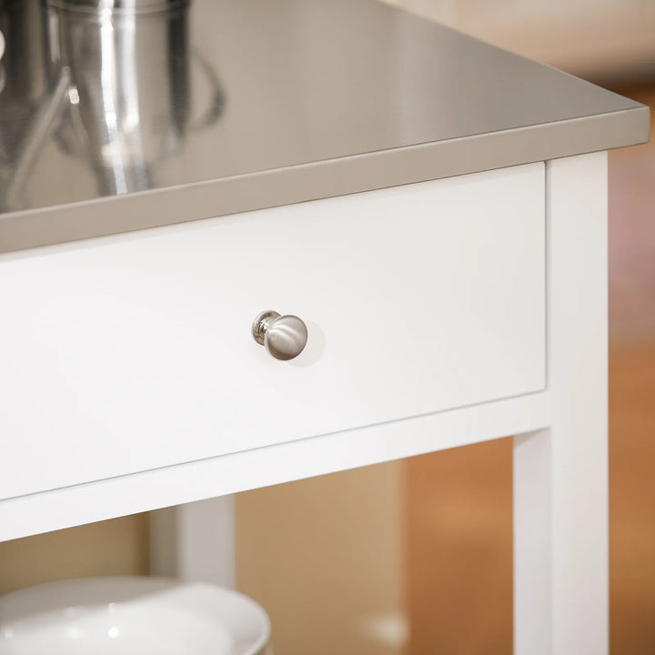 Pladsbesparende køkkenrullebord i hvid med stålbordplade, 81 x 45 x 90 cm