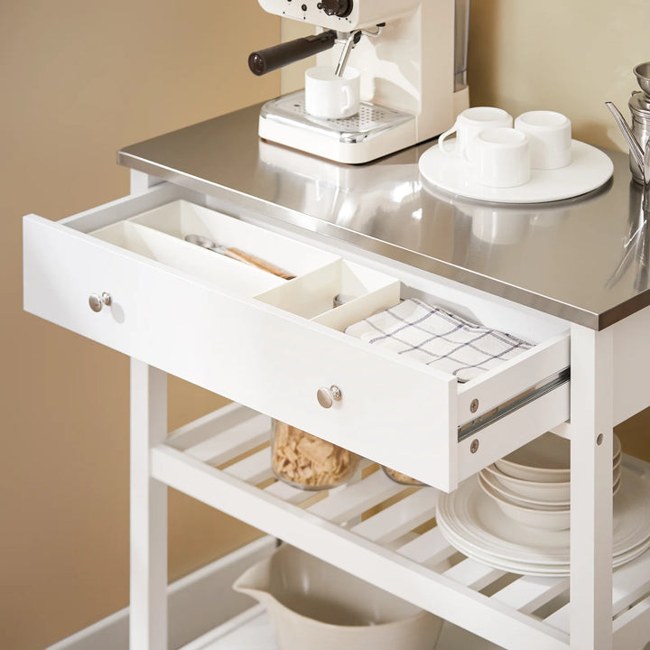 Pladsbesparende køkkenrullebord i hvid med stålbordplade, 81 x 45 x 90 cm