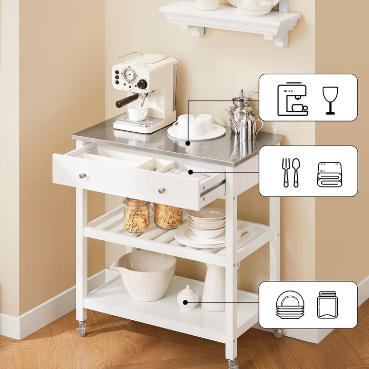 Pladsbesparende køkkenrullebord i hvid med stålbordplade, 81 x 45 x 90 cm