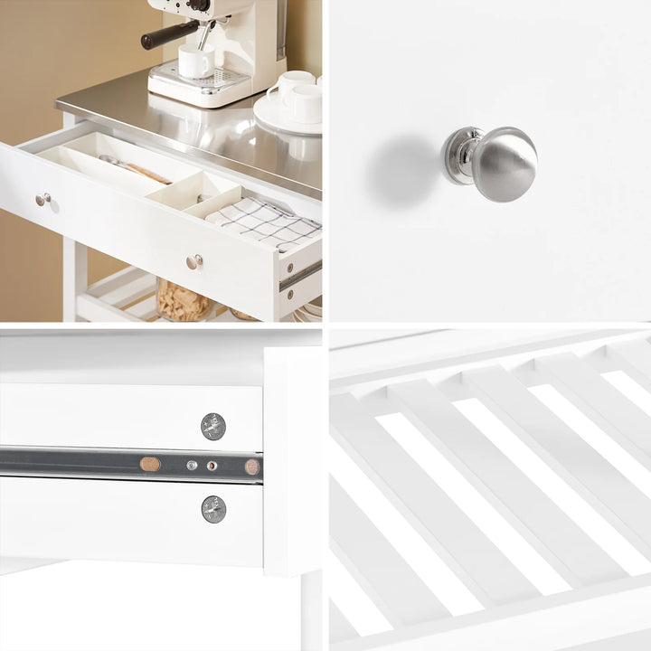 Pladsbesparende køkkenrullebord i hvid med stålbordplade, 81 x 45 x 90 cm