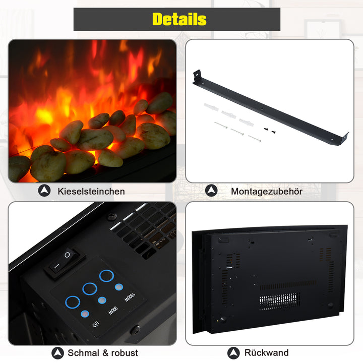 Elektrisk pejs med varmelegeme, elektrisk pejs med 3d flammeeffekt, 7 flammefarver, 900/1800 w, vægmonteret pejs med timer, dekorativ pejs med fjernbetjening, sort, 65 cm