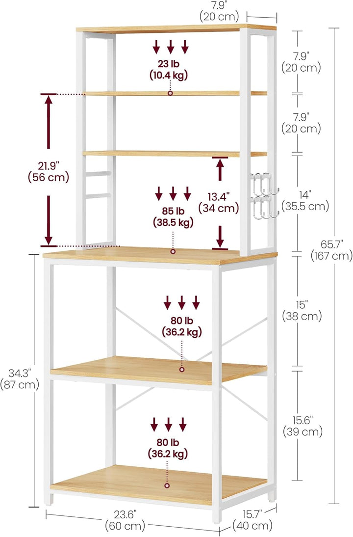 Køkkenopbevaringsreol, baker's rack med 6 hylder og 6 kroge, stålramme i industrielt design, egfarvet og hvid, mål 40 x 60 x 167 cm