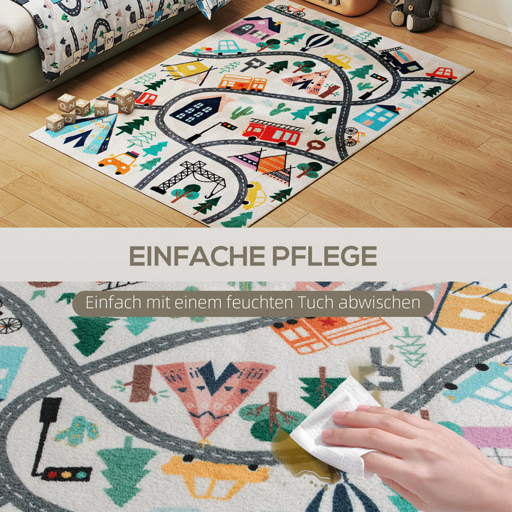 Highway pattern tæppe, hvid baggrund, blød fleece, nem at pleje, farverig