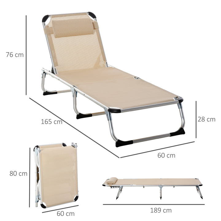 Foldbar liggestol med nakkestøtte, ergonomisk liggestol med 4-niveau justerbar ryglæn, lavet af aluminium, lasteevne op til 120 kg, til have, terrasse, pool, strand, beige