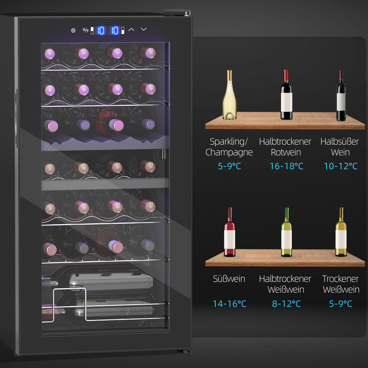 Lille vinkøleskab, minikøleskab til 28 flasker, 74 liters kapacitet, glasdør, led-belysning, touchskærm