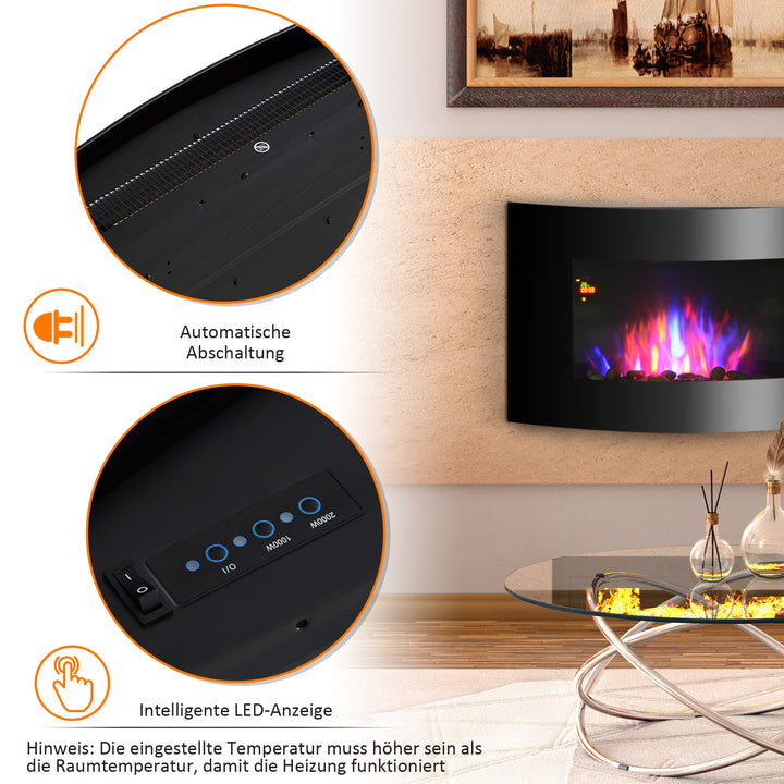 Elektrisk pejs med varmelegeme, elektrisk pejs med 3d flammeeffekt, 7 flammefarver, 900/1800 w, vægmonteret pejs med timer, dekorativ pejs med fjernbetjening, sort, 65 cm