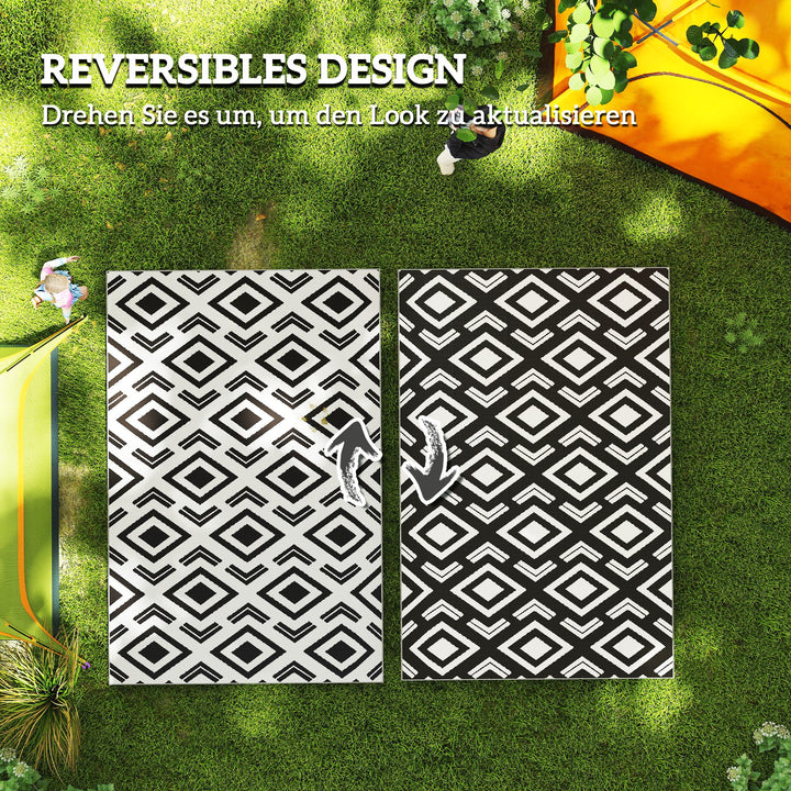 Udendørstæppe, robust, vejrbestandigt udendørstæppe med bærepose, foldbart, boho-stil tæppe 182 x 274 cm, sort og hvid