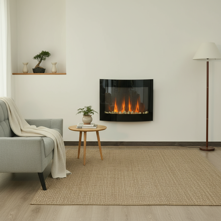 Elektrisk pejs med varmelegeme, elektrisk pejs med 3d flammeeffekt, 7 flammefarver, 900/1800 w, vægmonteret pejs med timer, dekorativ pejs med fjernbetjening, sort, 65 cm