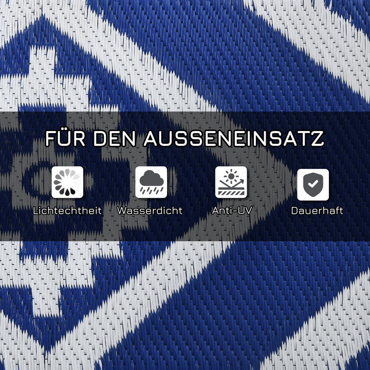 Udendørs tæppe terrassetæppe vejrbestandigt moderne design 182 cm x 274 cm x 0,3 cm blå + hvid
