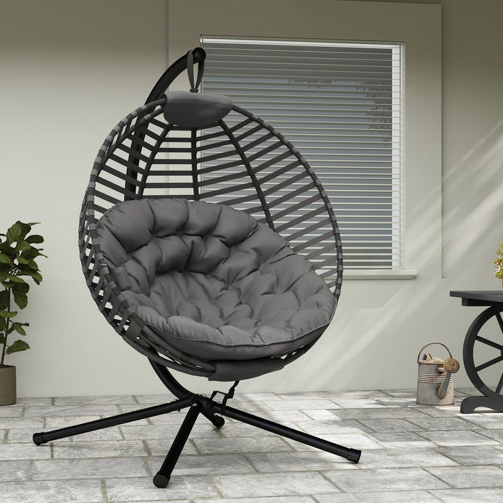 Hængestol med ramme, ægformet hængegynge med bløde sædehynder, grå