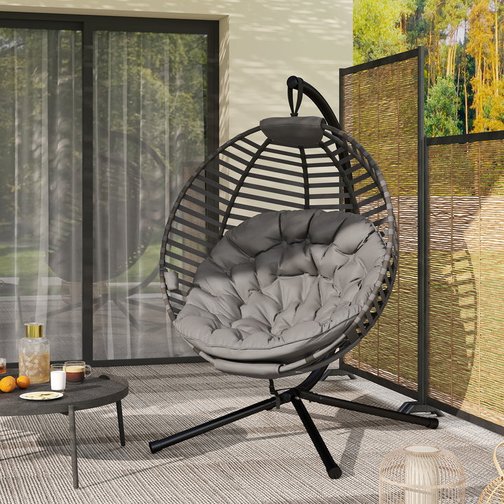 Hængestol med ramme, ægformet hængegynge med bløde sædehynder, grå