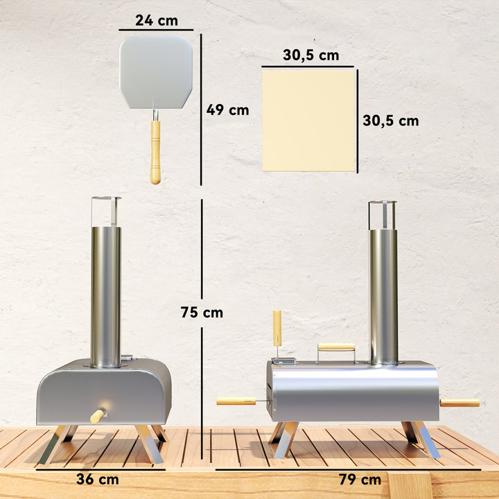 Udendørs pizzaovn, bærbar pizzaovn med pizzasten og skovl, foldbare ben, skorsten, rustfrit stål