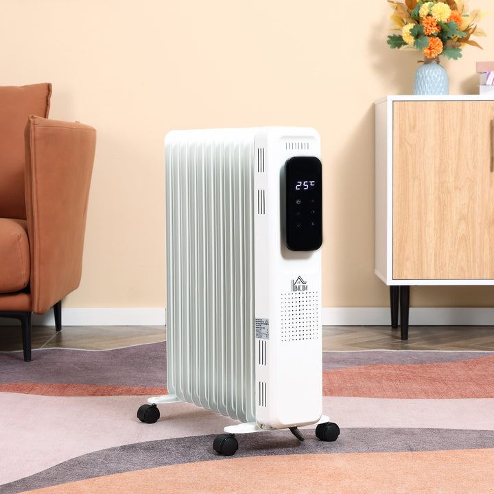 Olievarmer, 2500w, 3 varmeindstillinger, timer, frit bevægelig, stål, hvid, 50,5 x 24 x 63 cm