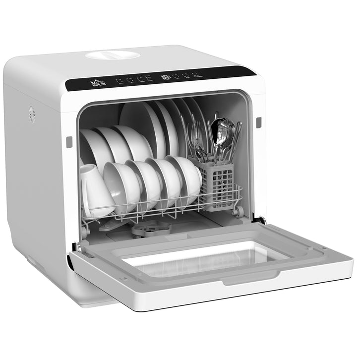 Mini opvaskemaskine med 6-liters tank, 5 programmer, led-display, tørrefunktion, hvid