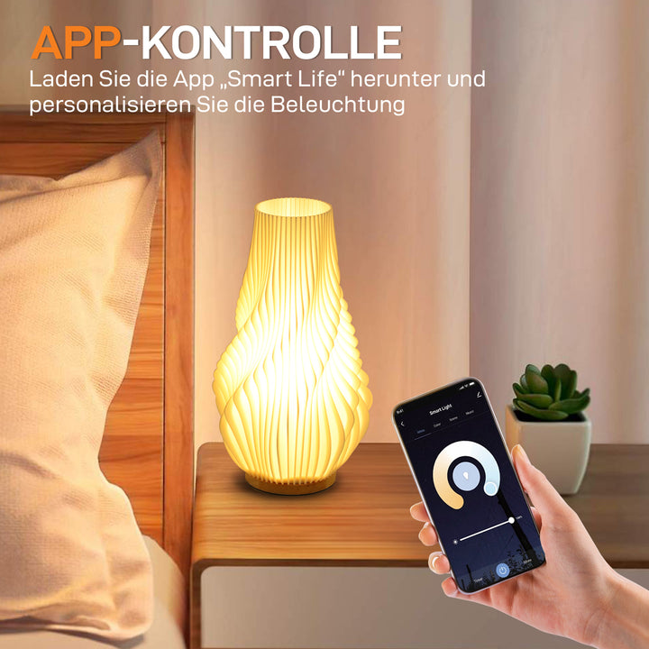 Smart bordlampe med app-styring, alexa-kompatibel, plastik, træ, hvid