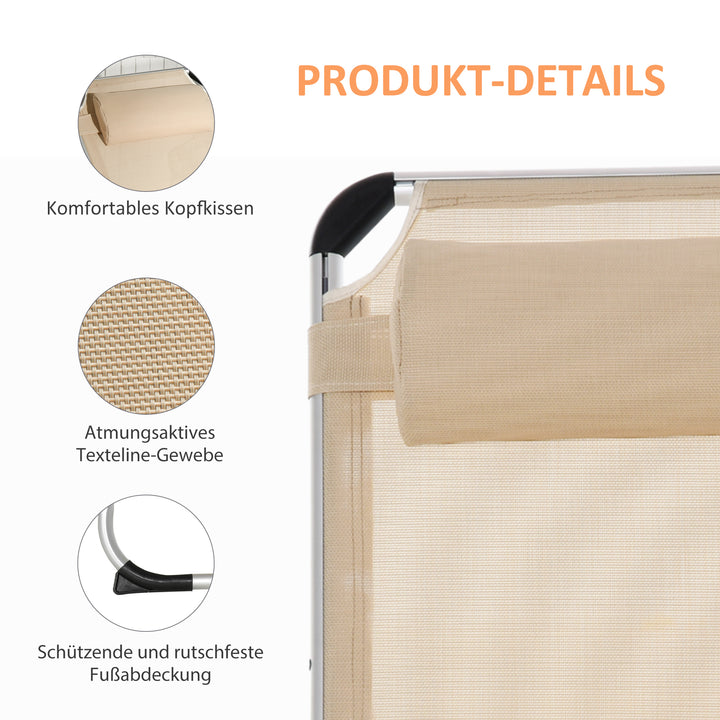 Foldbar liggestol med nakkestøtte, ergonomisk liggestol med 4-niveau justerbar ryglæn, lavet af aluminium, lasteevne op til 120 kg, til have, terrasse, pool, strand, beige
