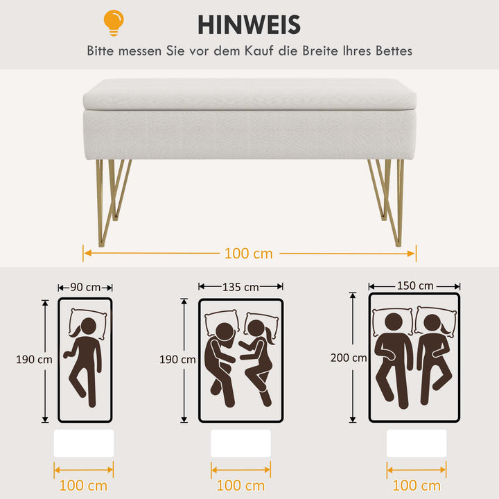 Sengebænk med opbevaring, tyk polstring, åndbart stof, stålfødder, 100x40x49 cm, creme