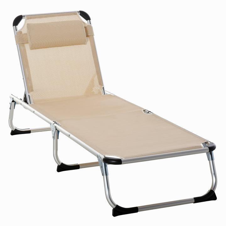 Foldbar liggestol med nakkestøtte, ergonomisk liggestol med 4-niveau justerbar ryglæn, lavet af aluminium, lasteevne op til 120 kg, til have, terrasse, pool, strand, beige
