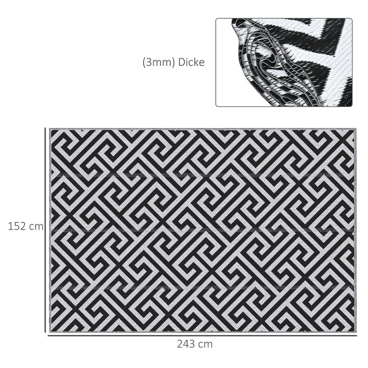 Udendørstæppe, vendbart, slidstærkt, anti-floss kant, sort og hvid, 152 x 243 cm
