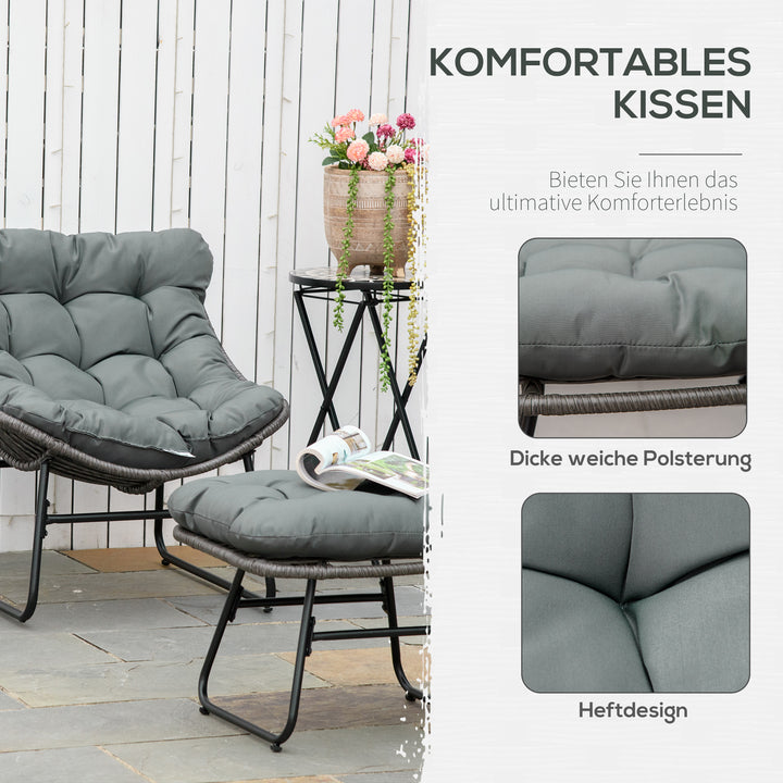 Rattan afslapningsstol med fodskammel, havestol med tykke hynder, udendørs rattanstol, havestol til have, balkon, terrasse, grå