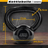 Kettlebell - 4 kg, støbejern, sort