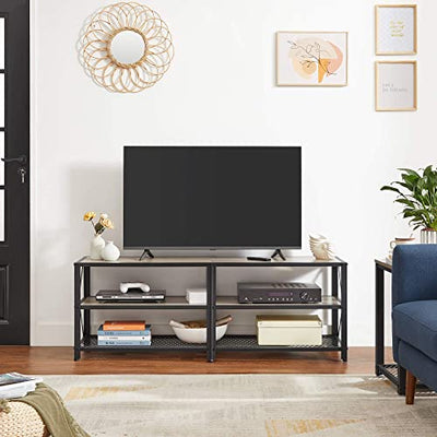 Tv-stander til tv op til 65 tommer, tv-bord, underholdningscenter, 3-lags tv-konsol, stålramme, industriel stil, til stue, grå og sort