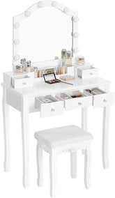 Sminkebord / make-up bord med polstret skammel og lys, hvid