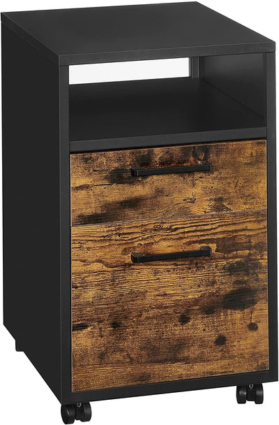 Rullende kabinet med 2 skuffer, åbent rum, hængemappe, robust stålramme, vintage brun/sort