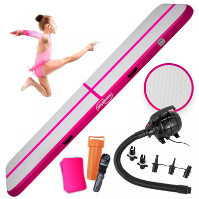 Air Track fitnessmåtte, 7m, oppustelig, bærbar, med elektrisk luftpumpe, 10 cm høj, PVC, Pink