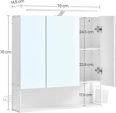 Vægskab med spejl, badeværelsesskab med LED-lampe, D14,5 x B70 x H70 cm, hvid