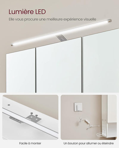 Vægskab med spejl, badeværelsesskab med LED-lampe, D14,5 x B70 x H70 cm, hvid