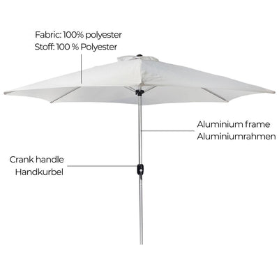 Parasol - 270 cm, med håndsving, vandtæt, UV-beskyttelse, hvid