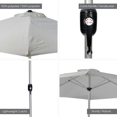 Parasol - 270 cm, med håndsving, vandtæt, UV-beskyttelse, lysegrå