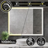 Aquamarine® badeværelsesspejl med LED-belysning, 100x80 cm, makeupspejl, sminkespejl med touch funktion