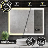 Aquamarin® badeværelsesspejl med LED-belysning - 80x60cm, EKK A++, berøringsafbryder, dæmpbar 3-i-1 kold hvid neutral varm hvid justerbar, digitalt ur